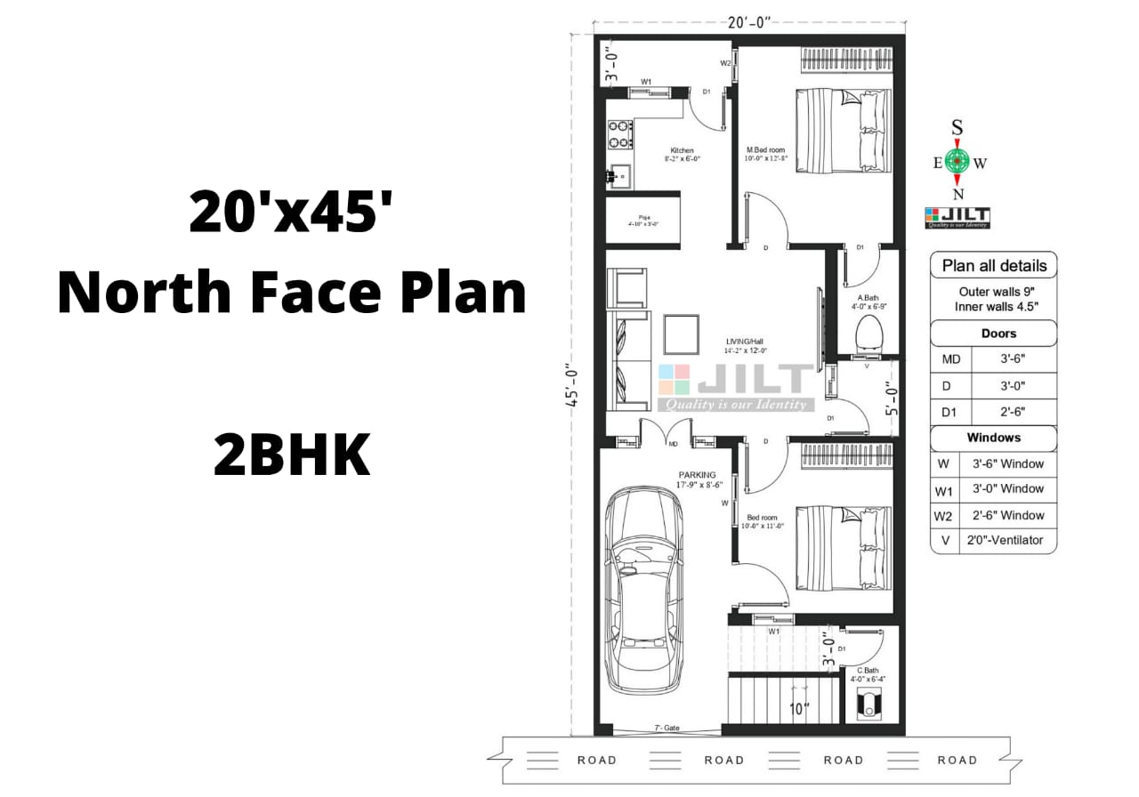 20’x45′ Floor plan – North Face – 2BHK