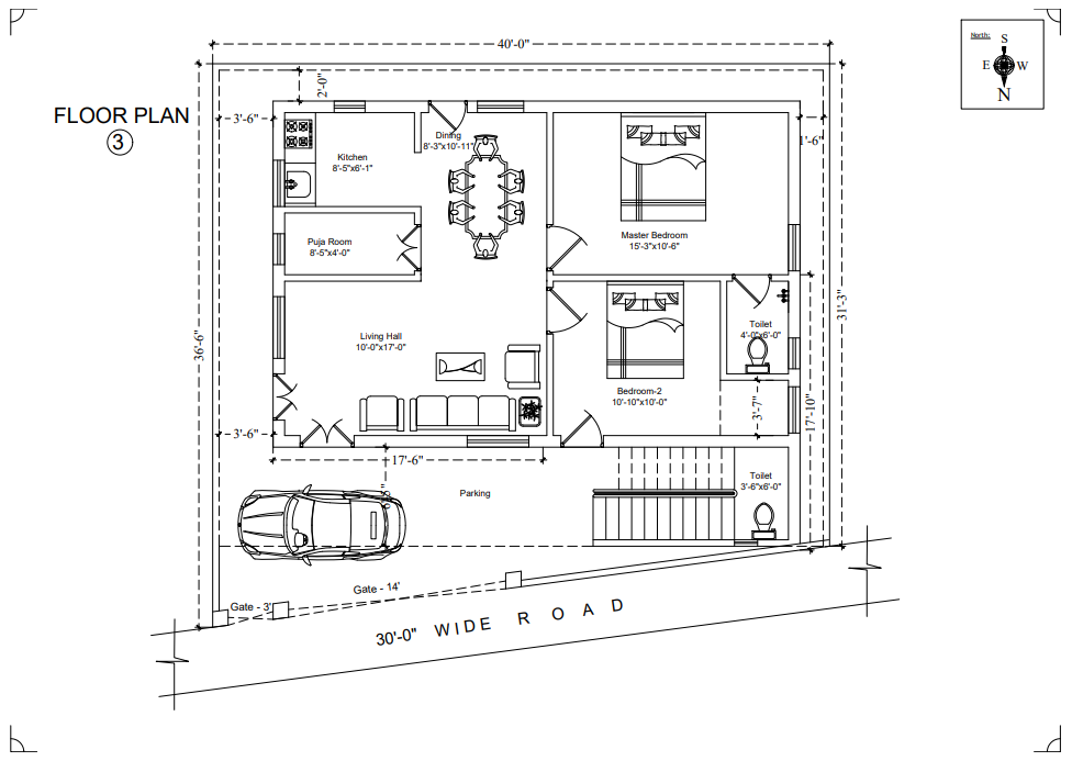 31’3″x40′ Floor Plan – North Face – 2BHK