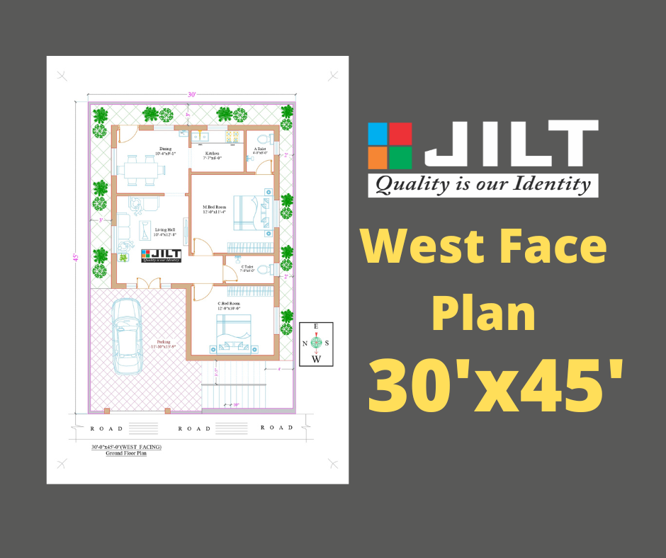 30’x45′ West Face Floor Plan – 2BHK