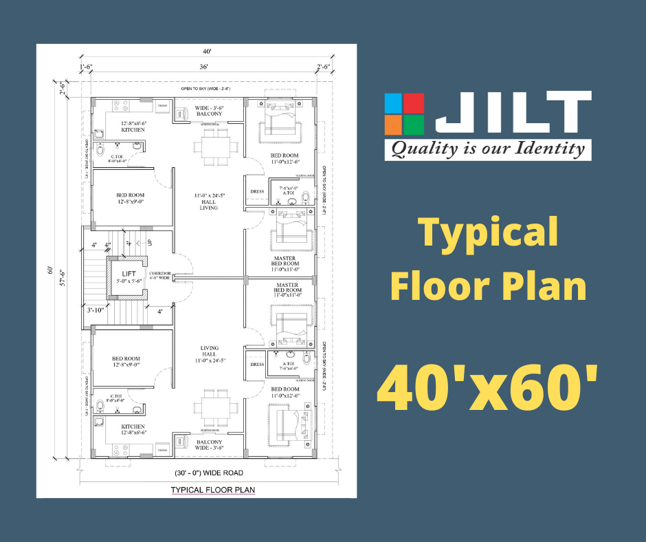 40’x60′ Floor Plan – 3BHK Two Portions