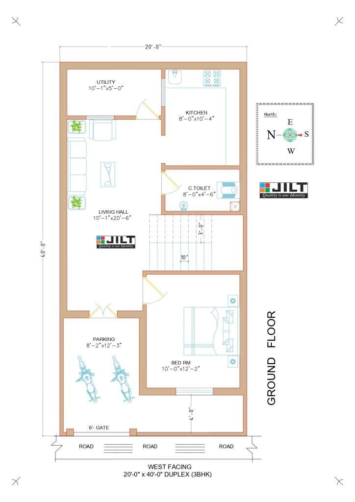 Best 20'x40′  Duplex Floor Plan it is a West Facing Floor Plan. The area of a plat is 600Sq.ft or 66.6Sq.yards. It is 2BHK floor plan. This plan is as per vastu.
